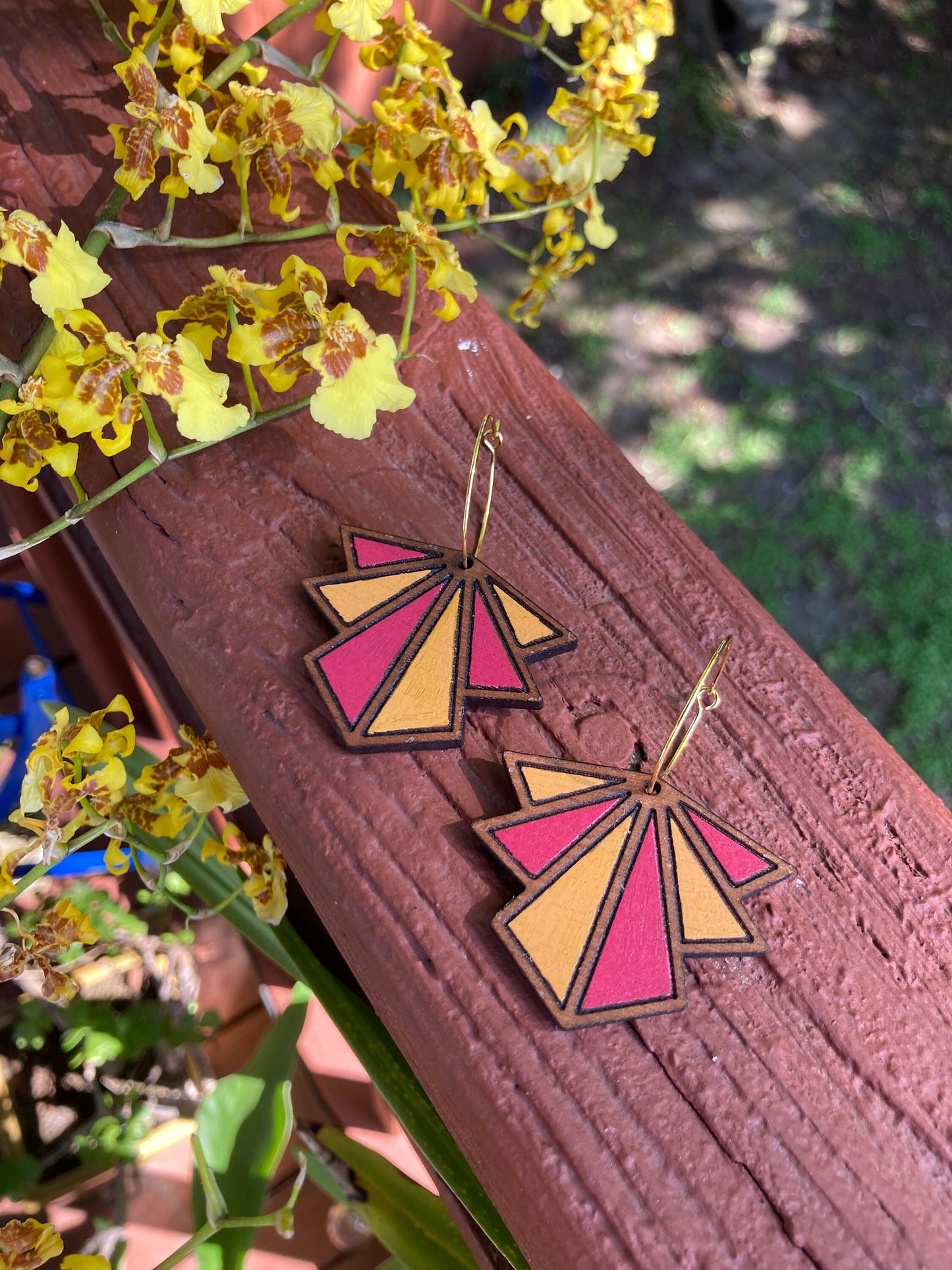 Art Deco Red and Yellow Fan Earrings
