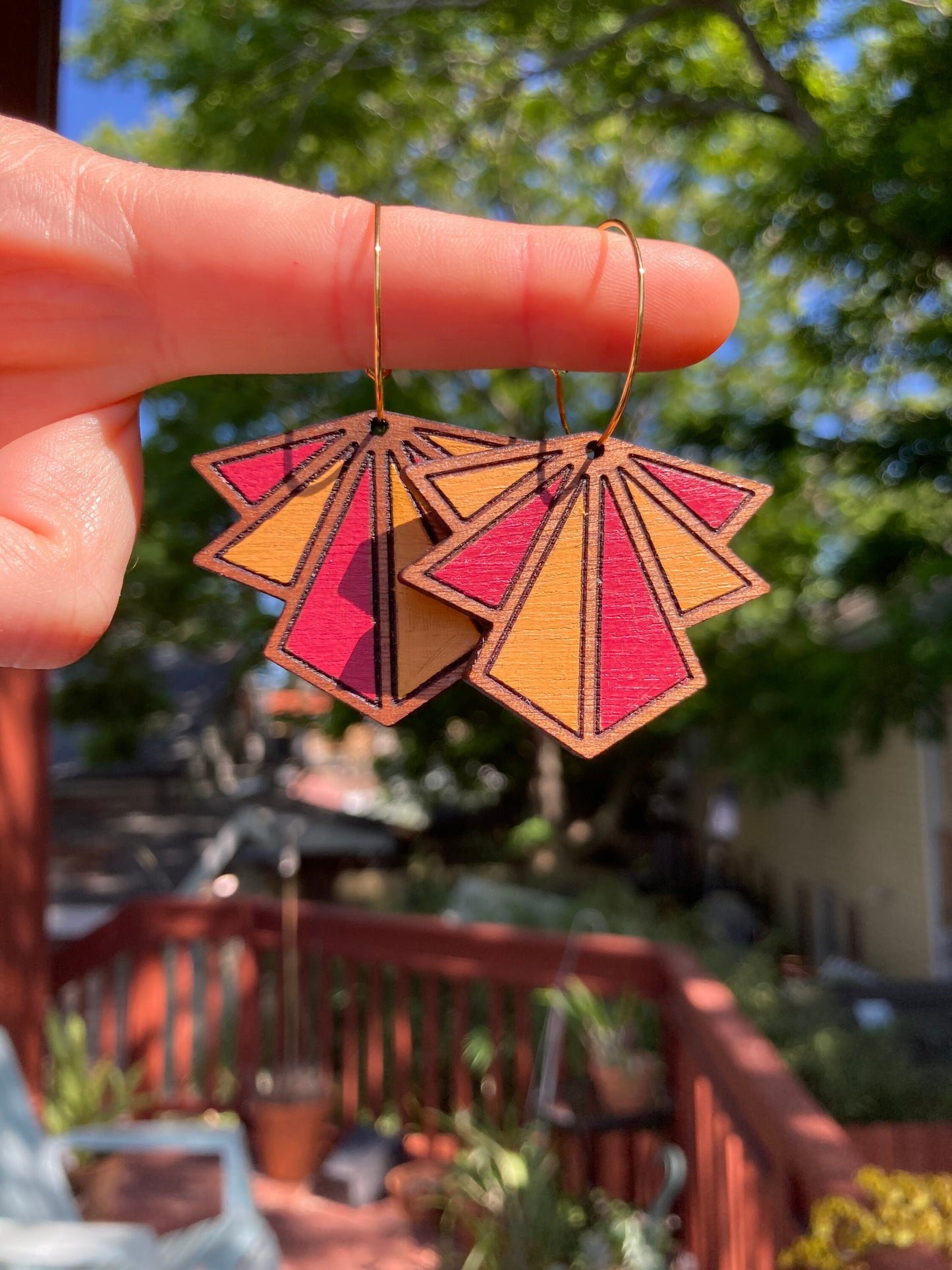 Art Deco Red and Yellow Fan Earrings