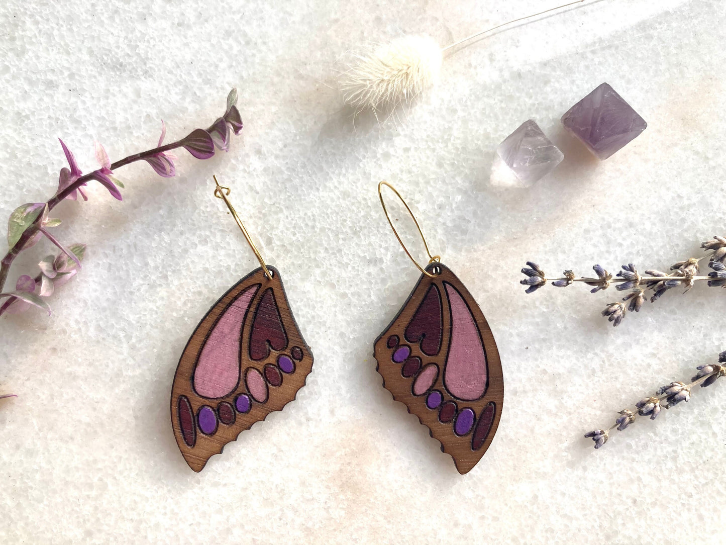 Butterfly wing earrings in Purple