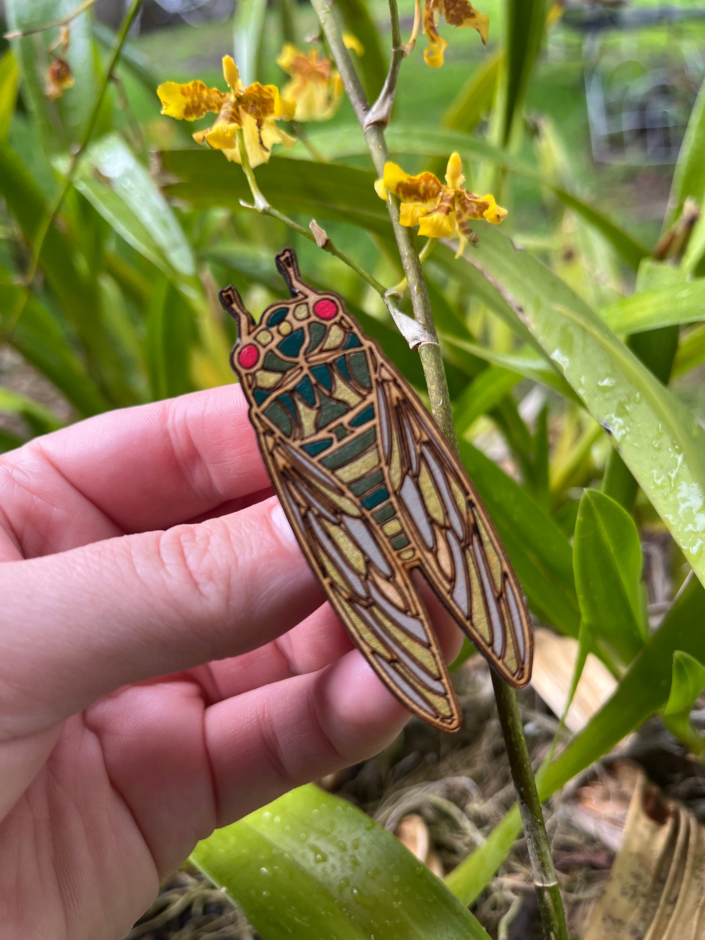 Hand Painted Wooden Cicada Brooch