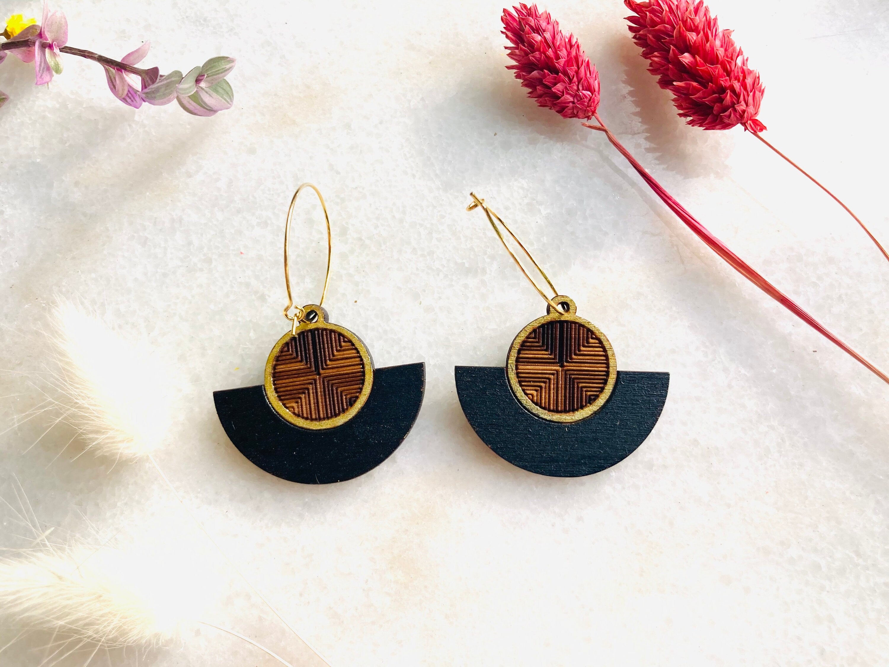 Made to Order: Fan motif oxidized silver earrings with store gold leaf, black and gold earrings, hematite earrings