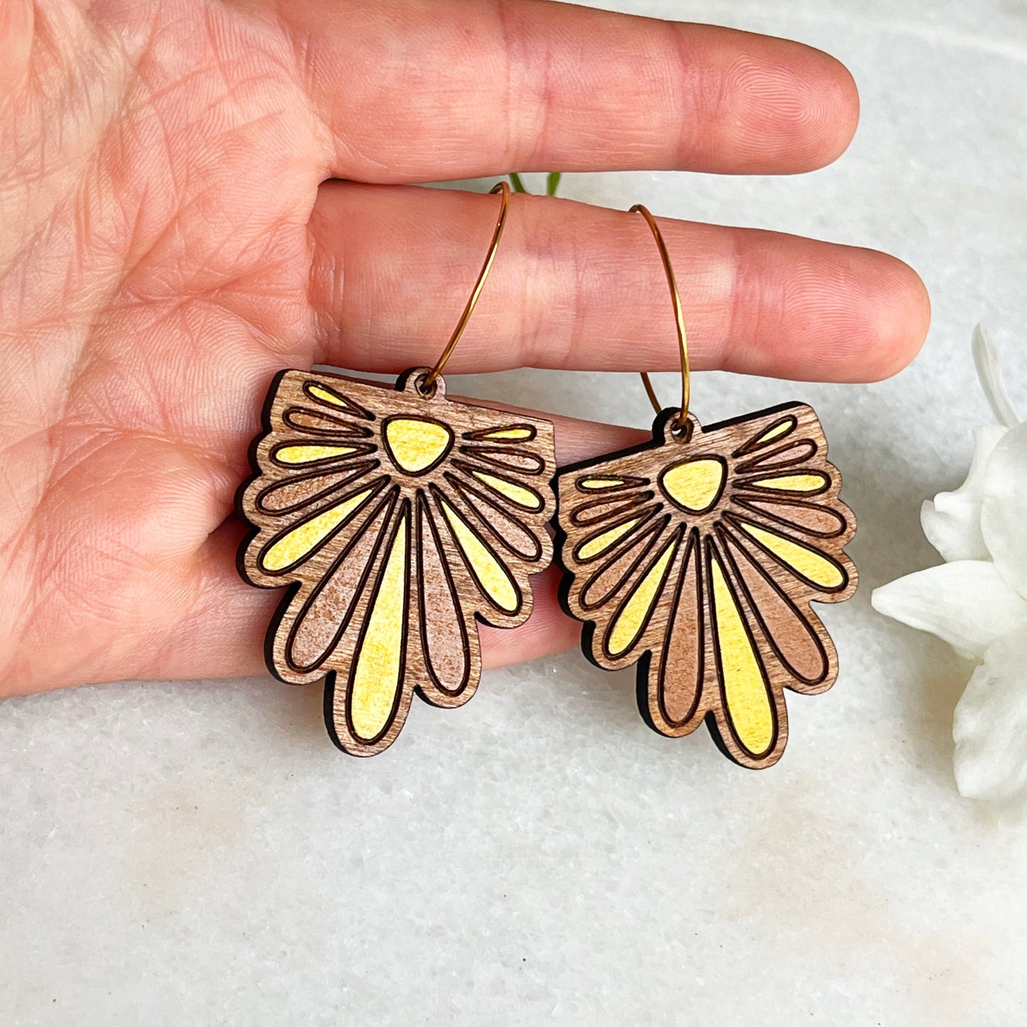 flower petal drop hoop earrings