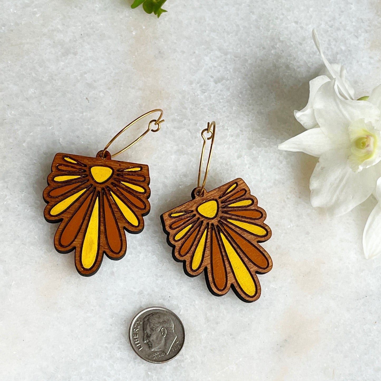 flower petal drop hoop earrings