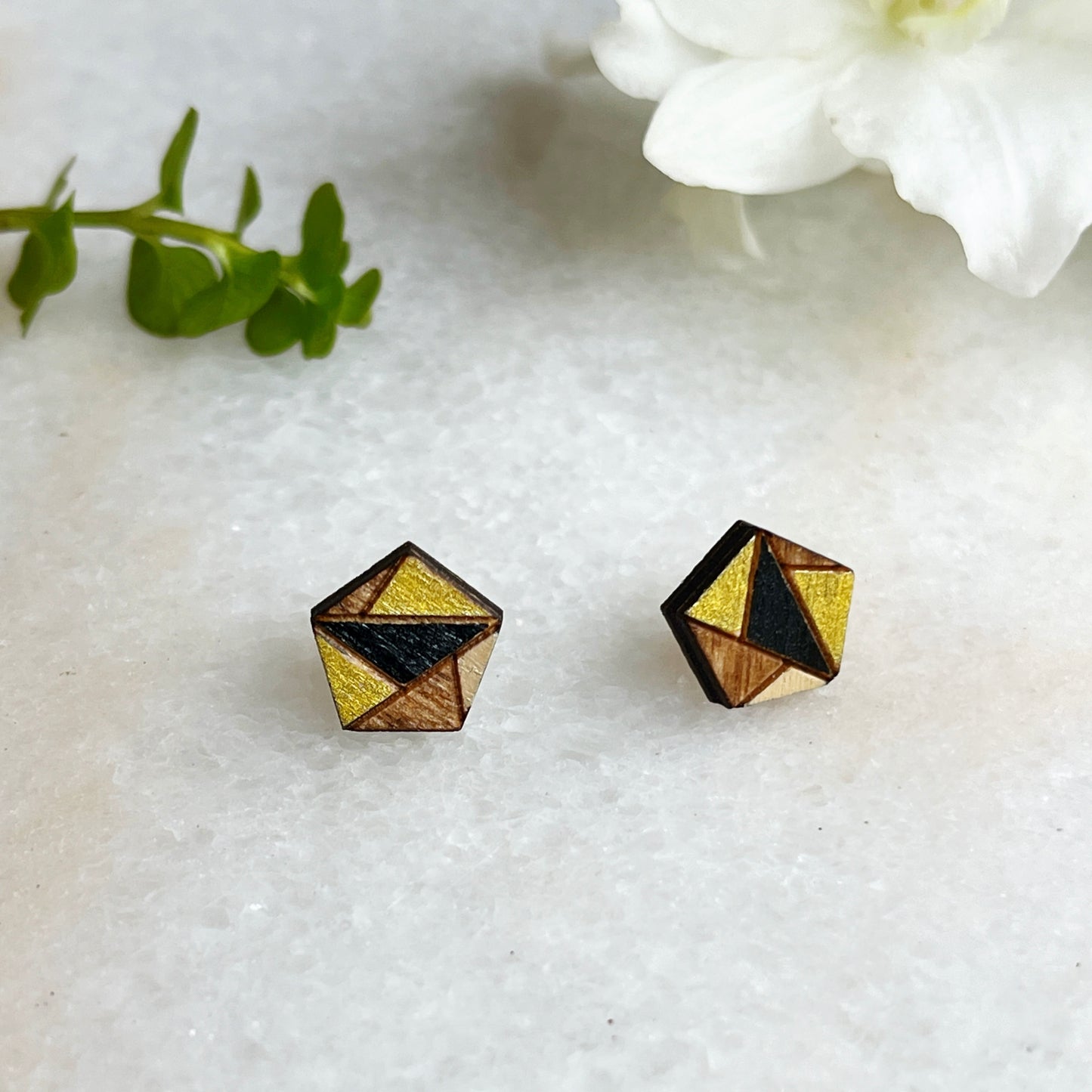 Geometric Puzzle studs- Black and Gold