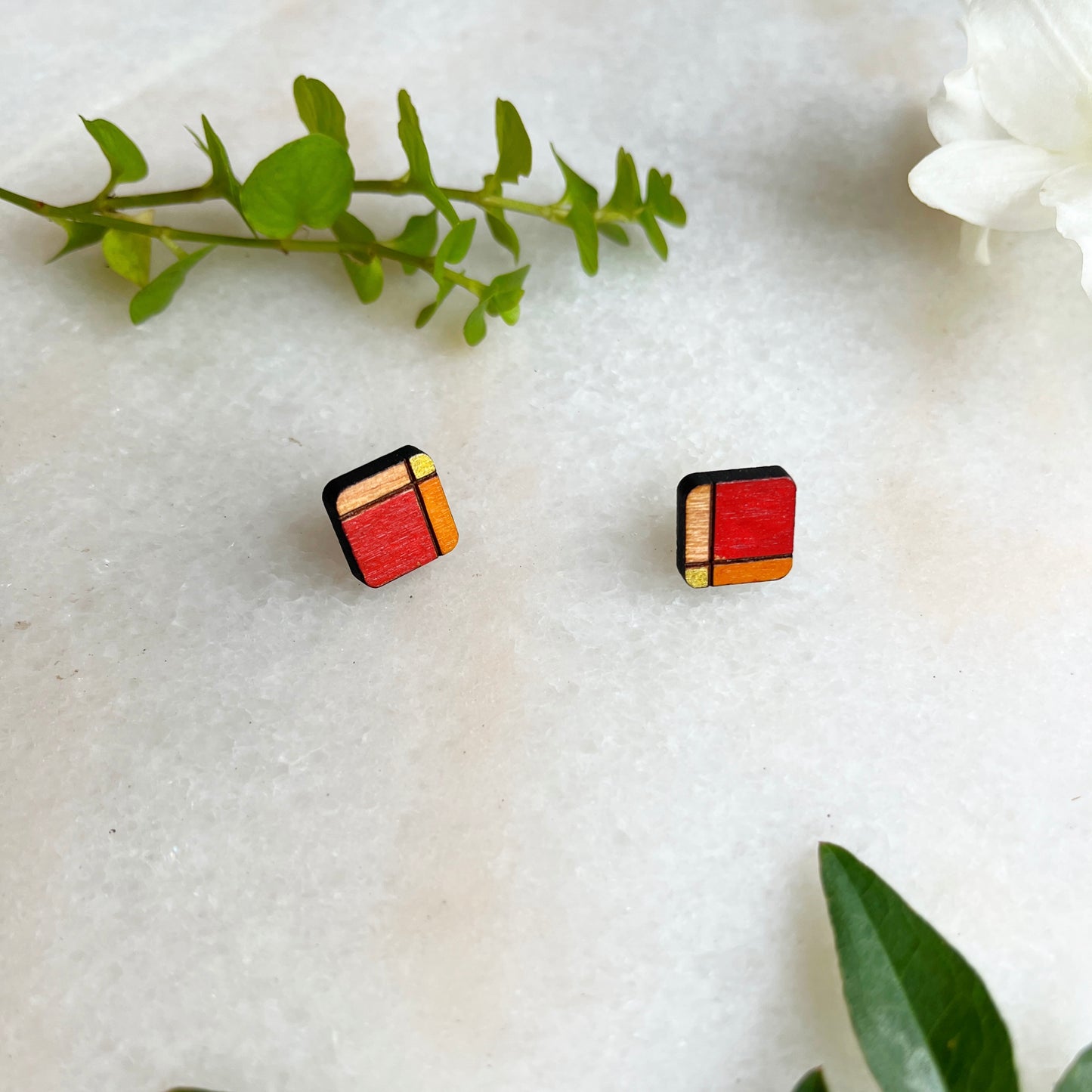 square plaid burnt orange stud earrings