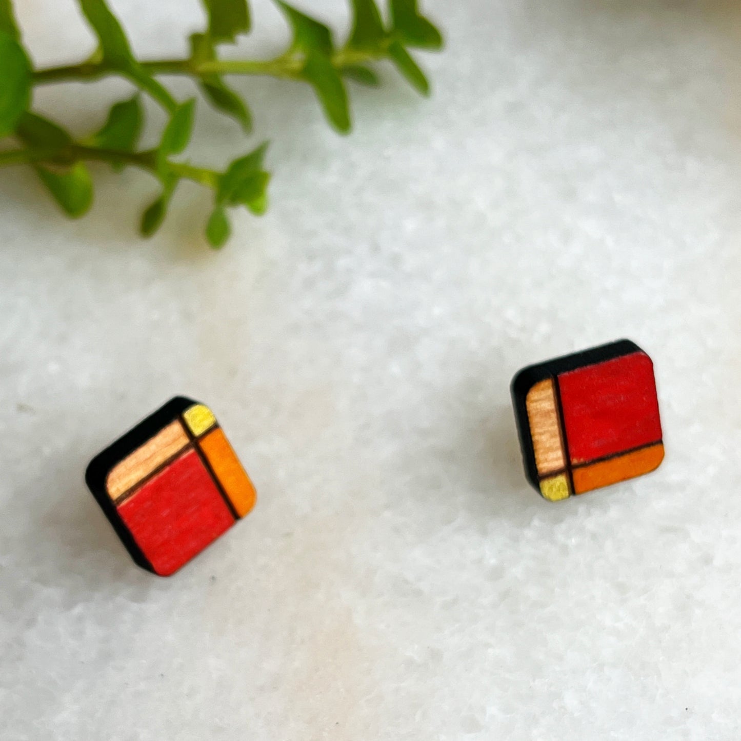 square plaid burnt orange stud earrings