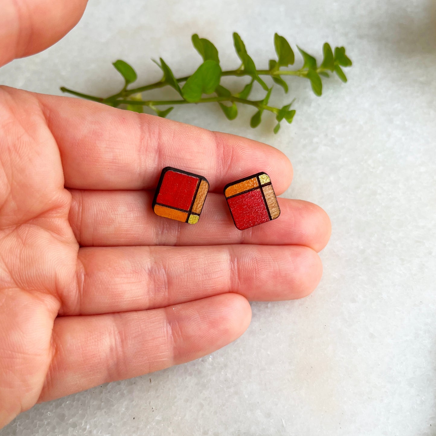 square plaid burnt orange stud earrings