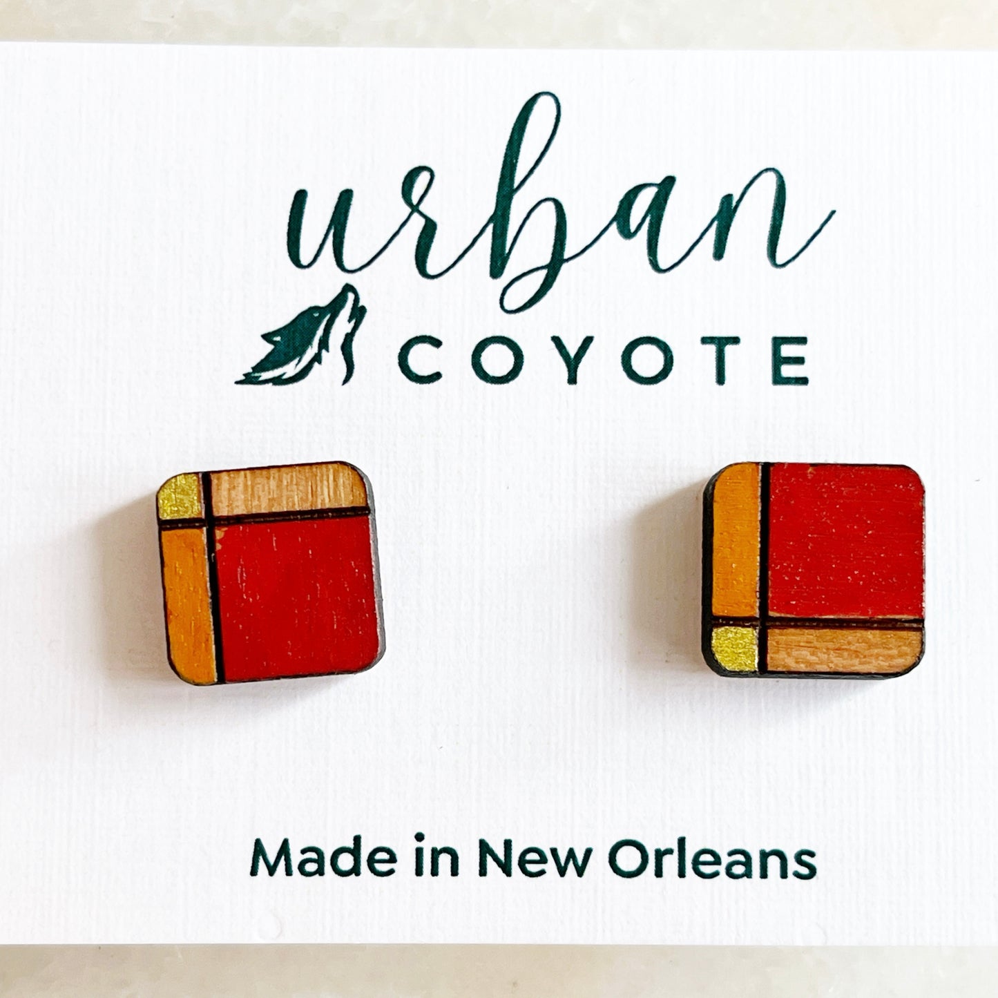 square plaid burnt orange stud earrings