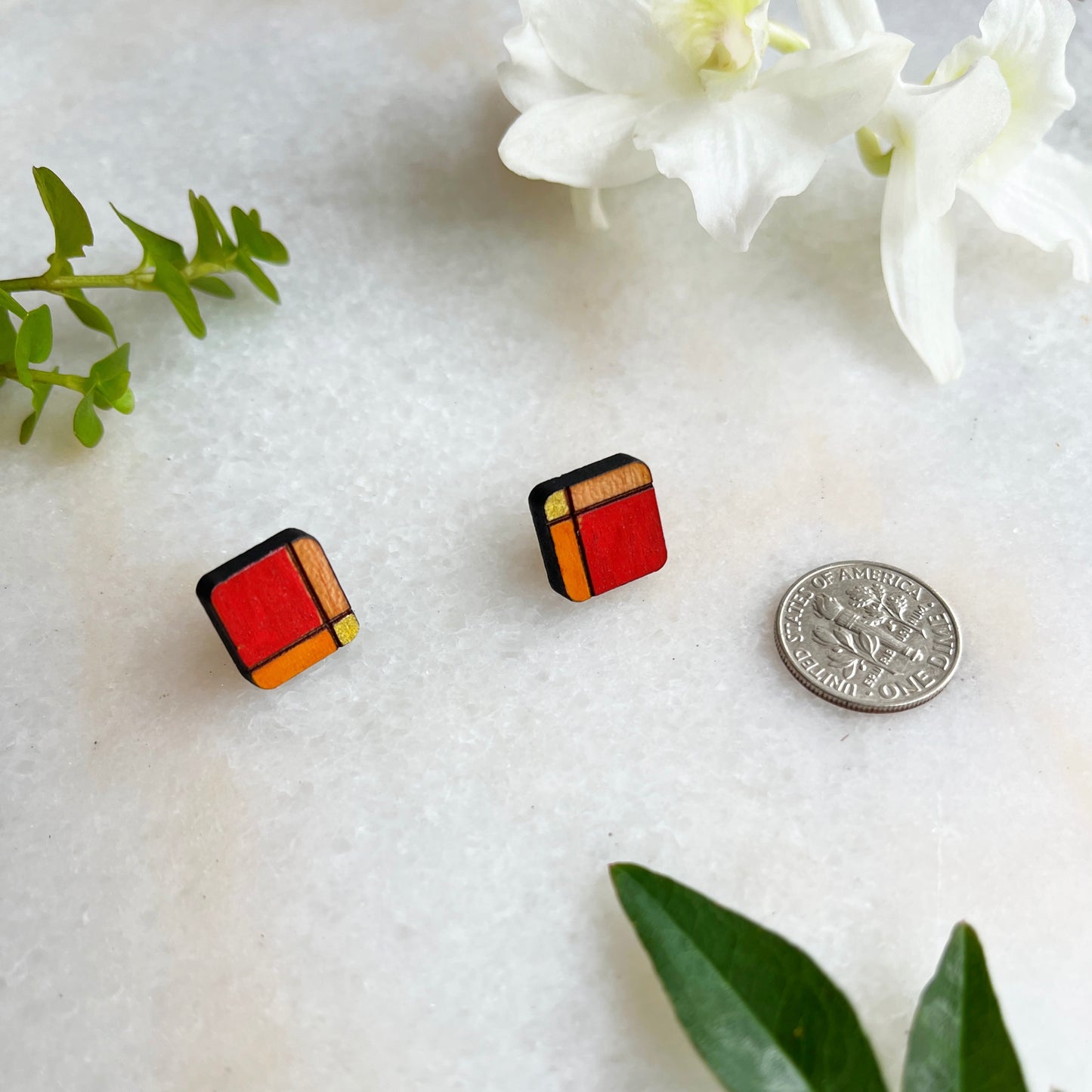 square plaid burnt orange stud earrings
