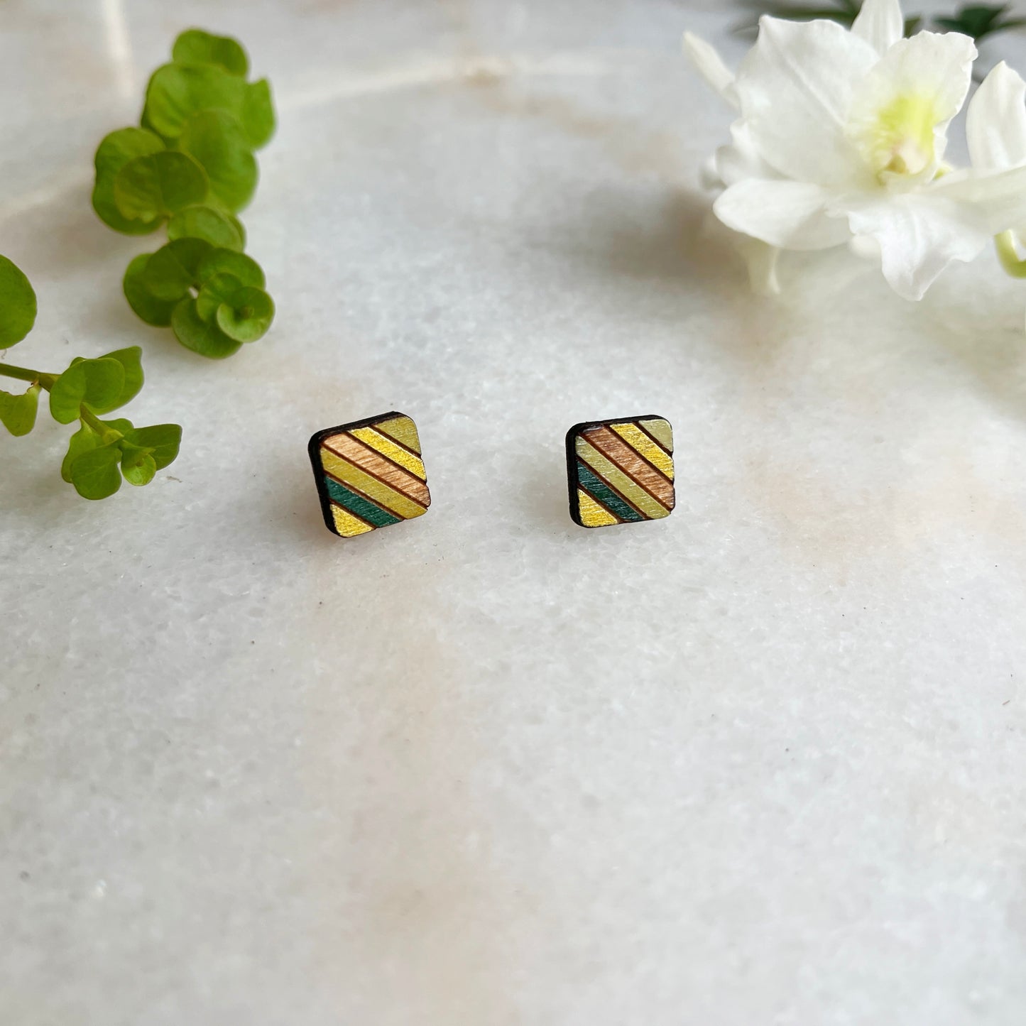square striped wooden stud earrings- green and gold