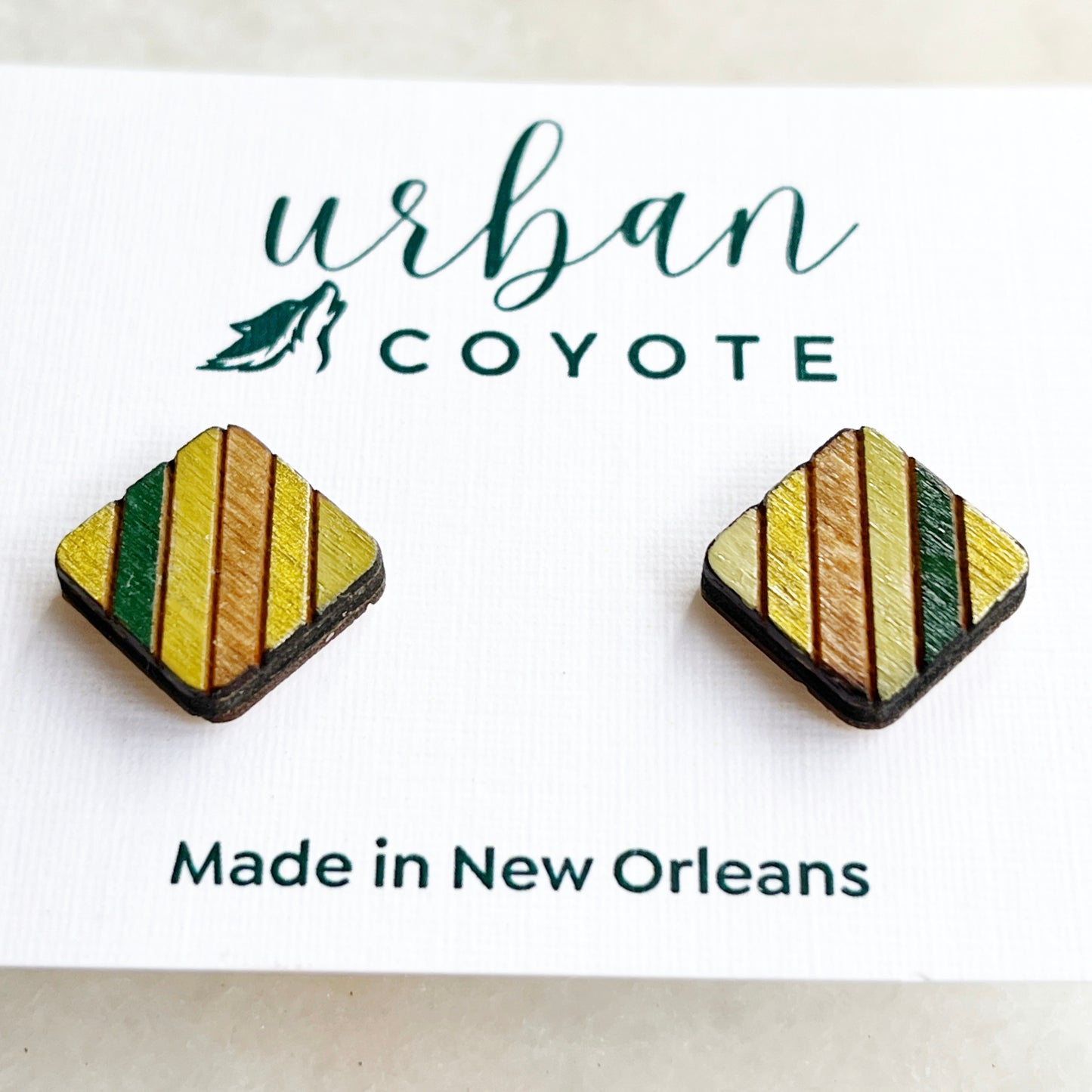 square striped wooden stud earrings- green and gold