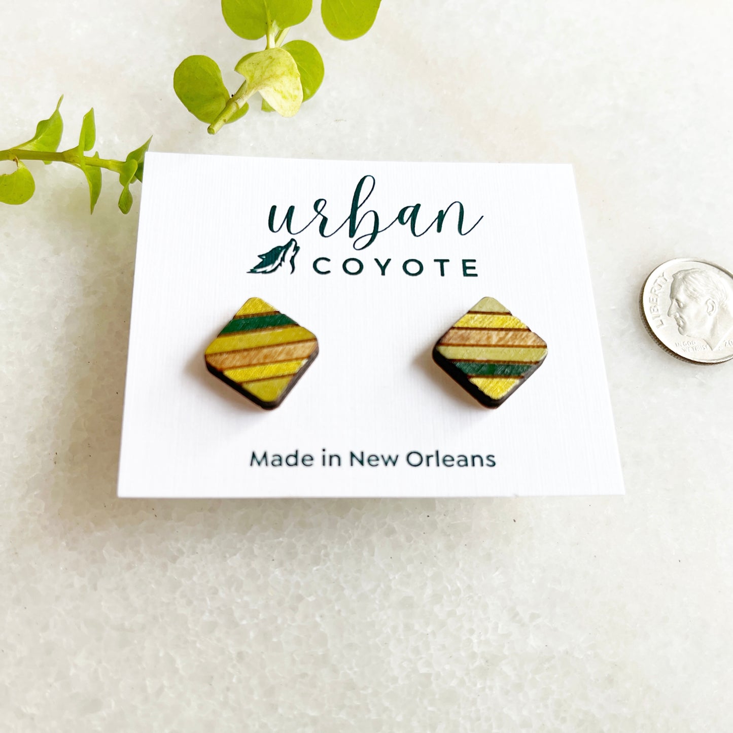 square striped wooden stud earrings- green and gold