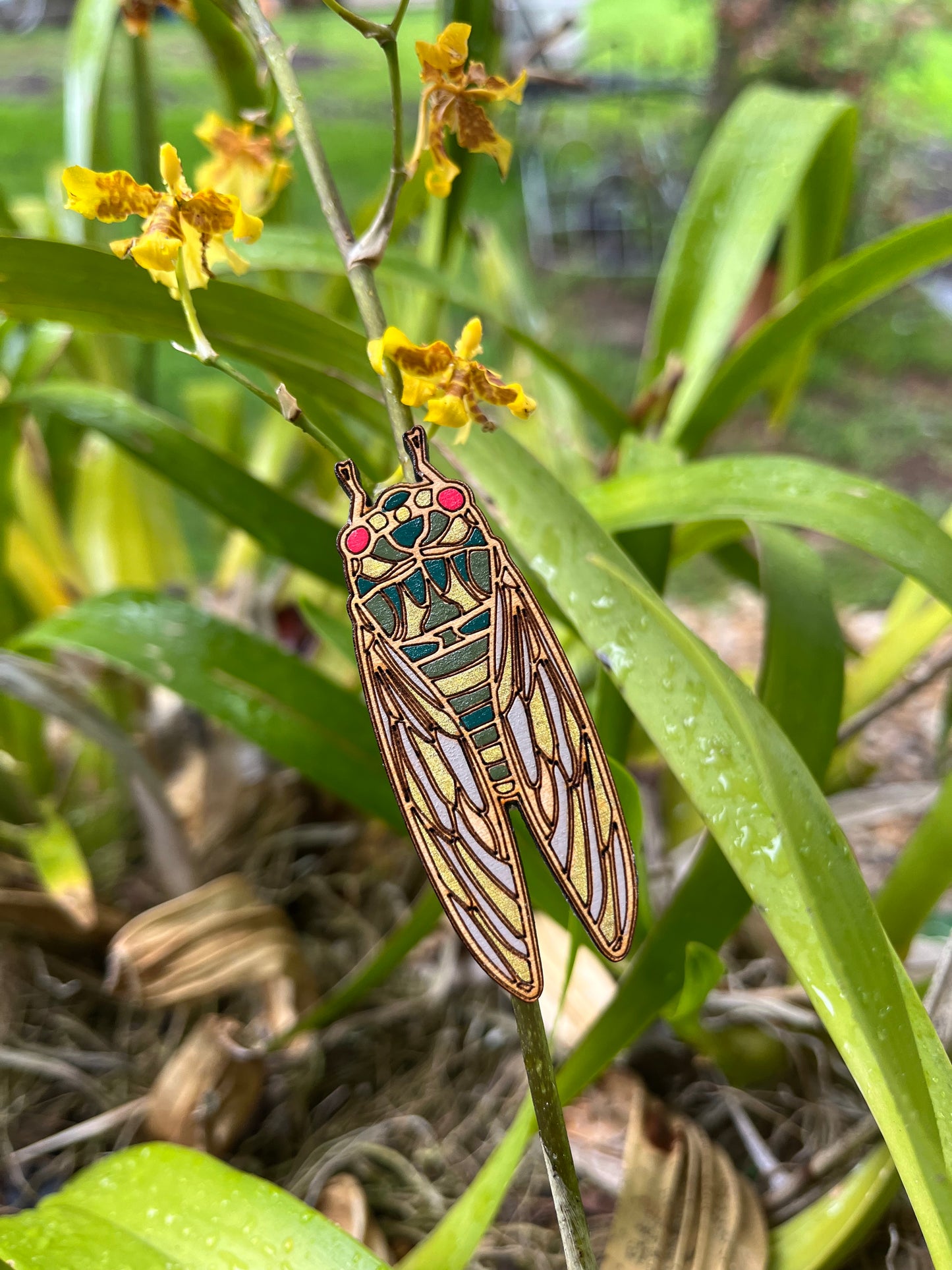 Hand Painted Wooden Cicada Brooch