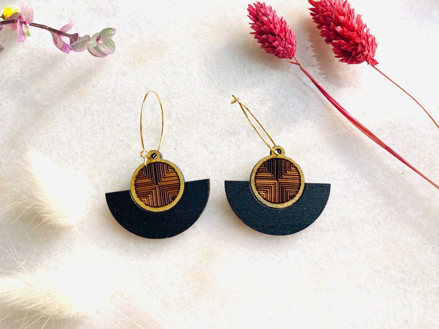 Black and gold etched fan earrings