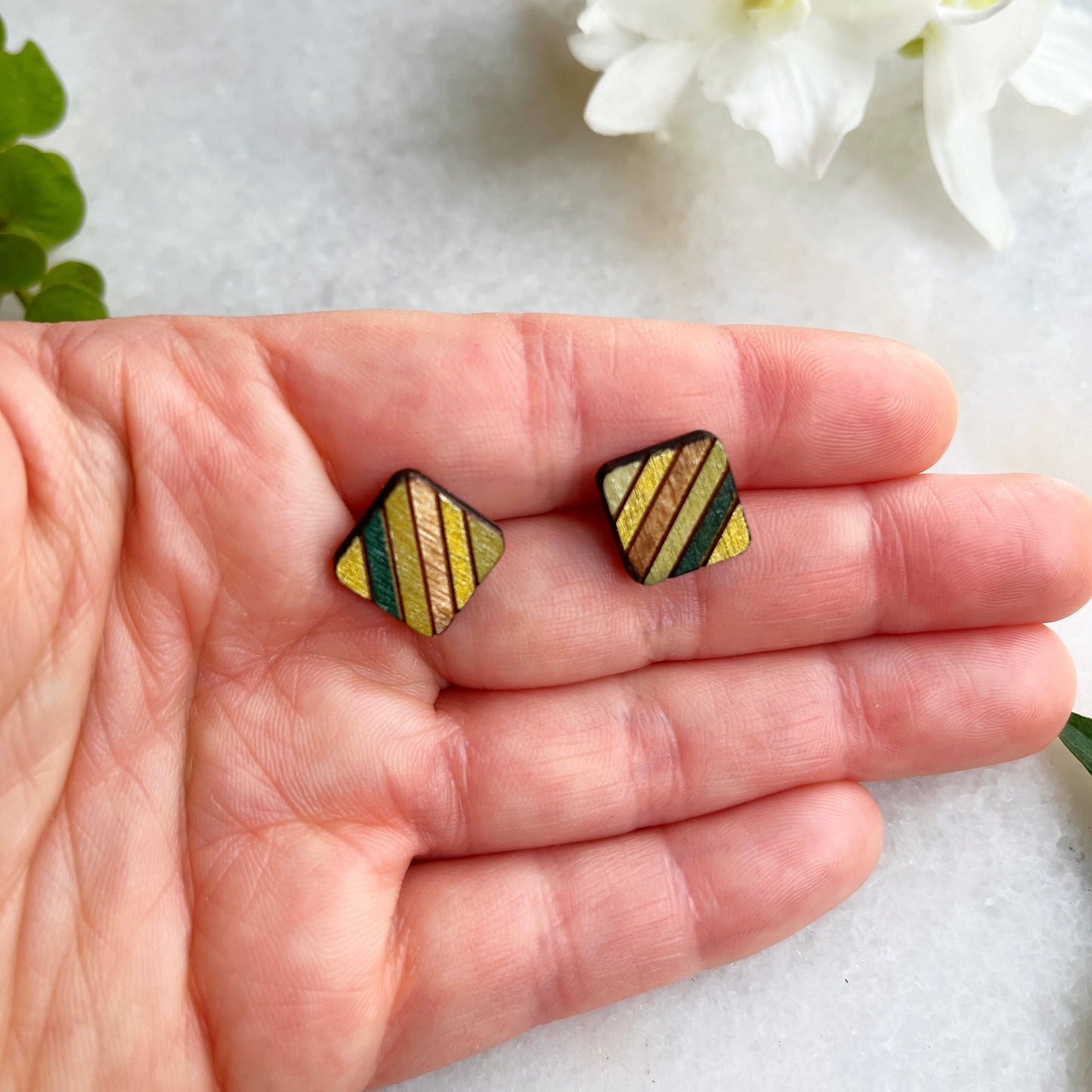 square striped wooden stud earrings- green and gold