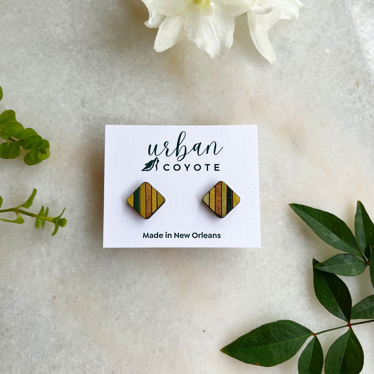 square striped wooden stud earrings- green and gold